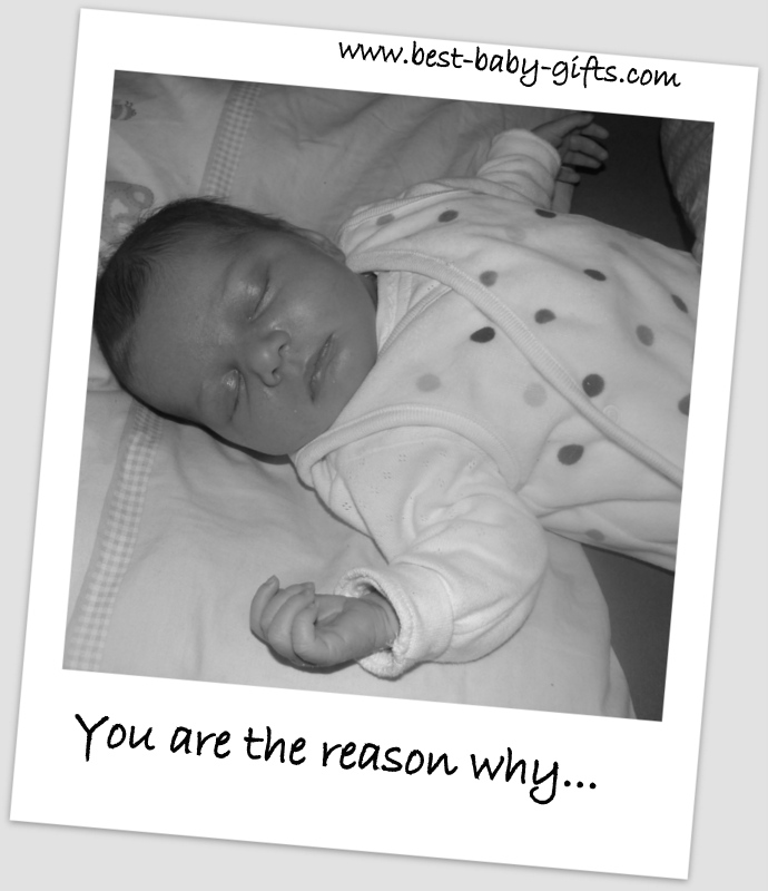 sleeping baby, black and white photo with text 'you are the reason why...'