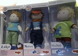 3 Haba dolls in gift boxes, boys named Lukas, Matze, Michel (as to be read on the boxes)