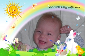 photo of a happy little baby in a frame with a smiling sun, a rainbow, an Easter basket a bunny and a chick and lots of flowers