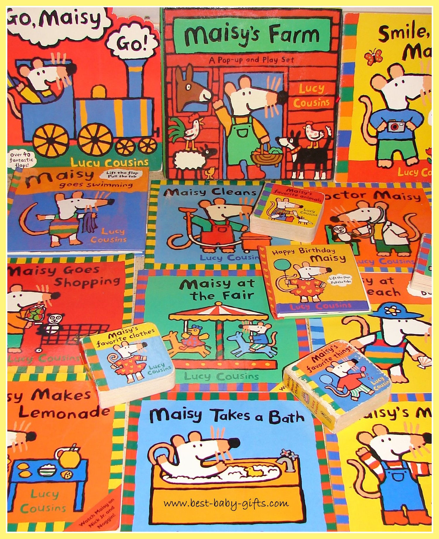 lots of Maisy board book covers, all laid out