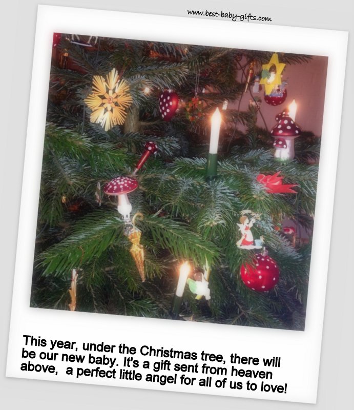 polaroid style: part of a decorated Christmas tree with ornaments and lights and a Christmas poem written below