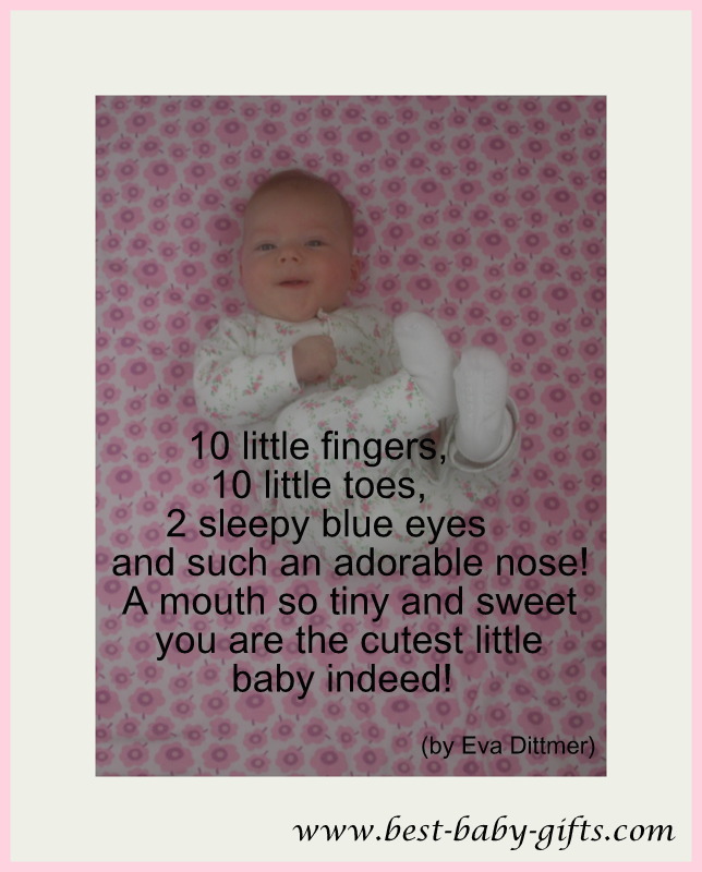 cute little baby girl on a pink blanket as background and 10 little fingers poem as text
