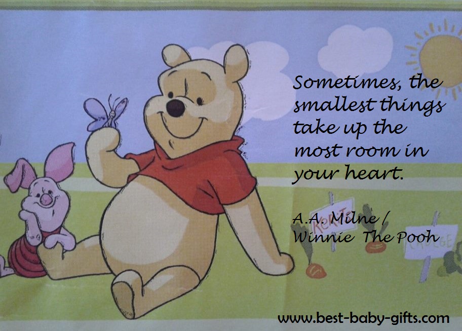 Winnie the Pooh and Piglet sitting in the grass and poem 'Sometimes, the smallest things...'