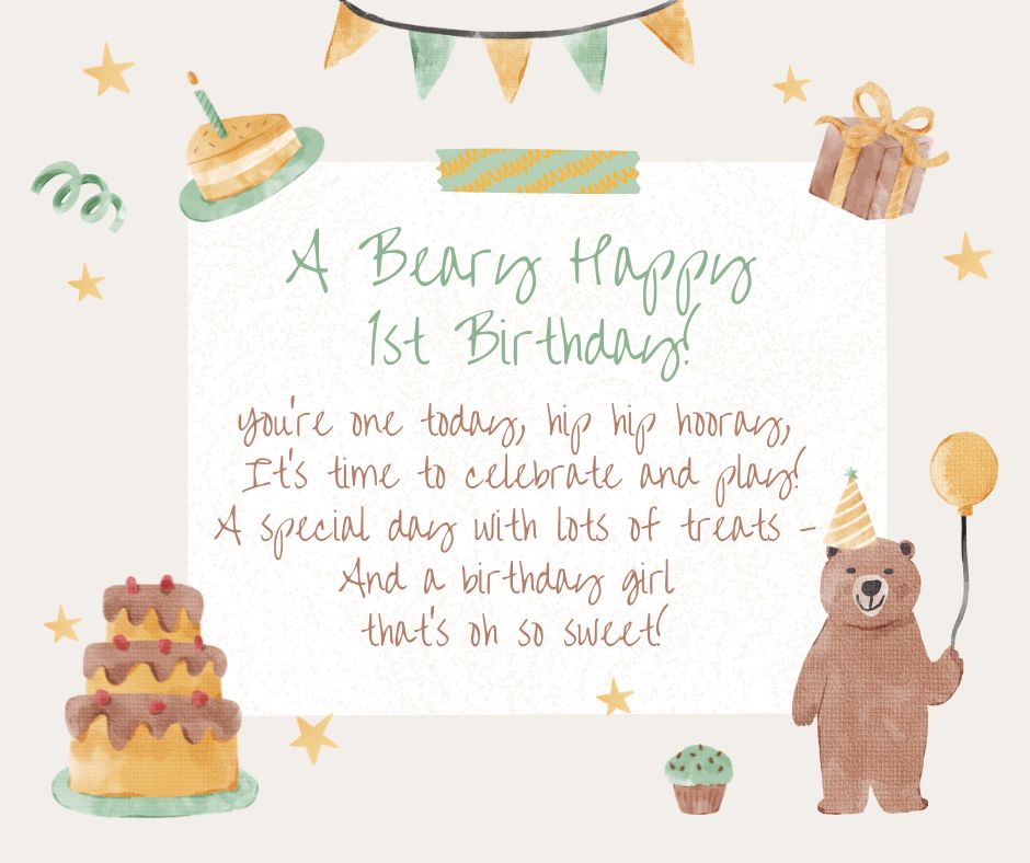 Beary happy birthday rhyme for a first birthday girl or boy