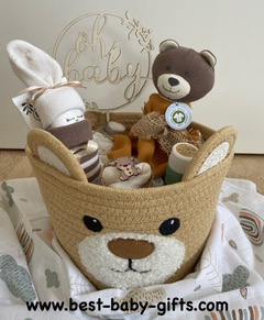 boho diaper cake in a basket, bear themed diaper cake