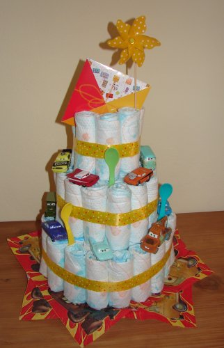 a large diaper cake decorated with various Cars characters, main colors yellow, blue and red
