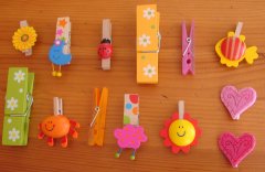 11 colorful cloth pegs laid out