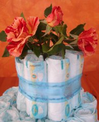 bottle and roses "inserted" into the pampers cake