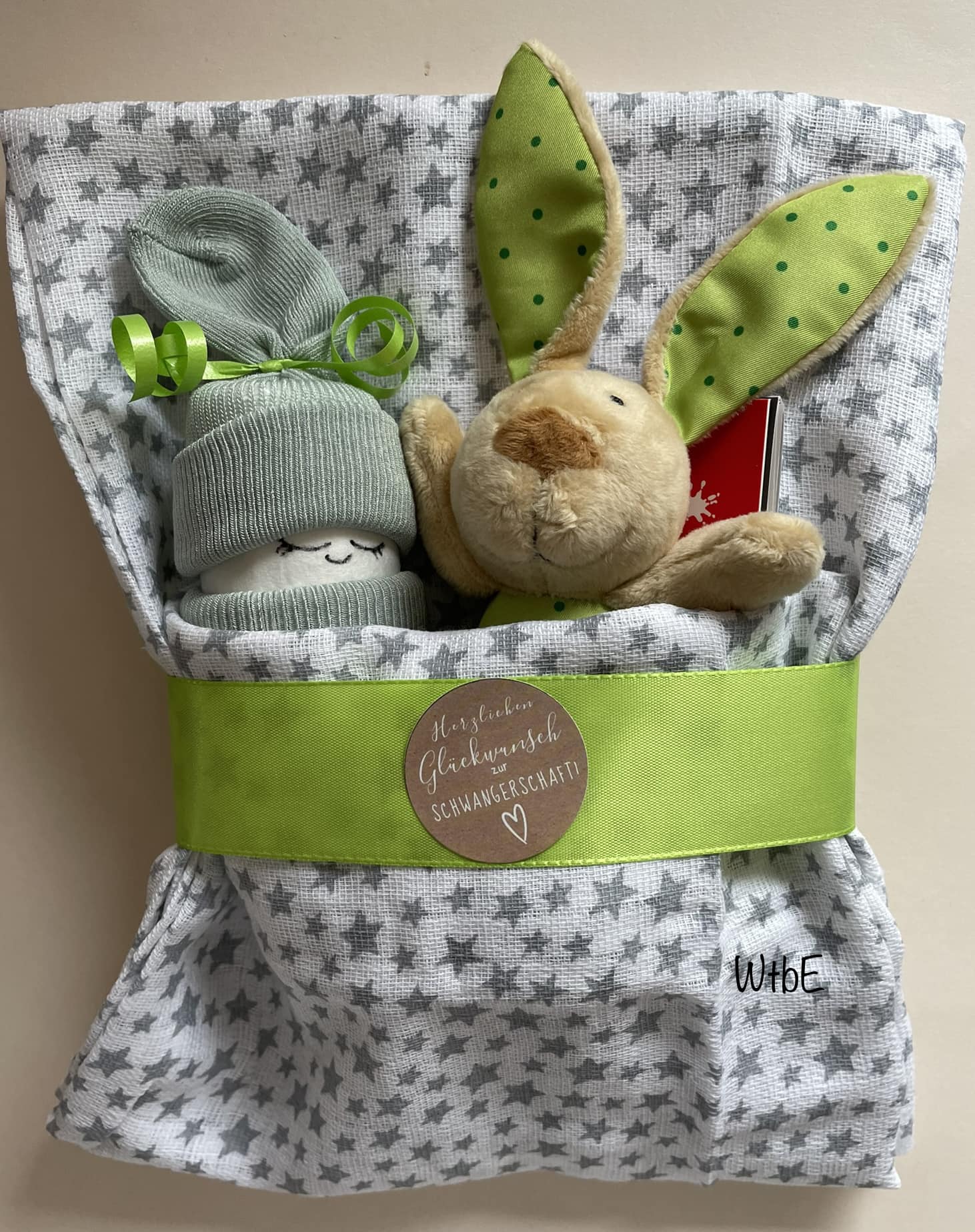 a diaper baby and a rattling bunny toy placed in a cloth, unisex colors, green and gray