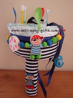 blue, green, red and white diaper bouquet with pirate themed items