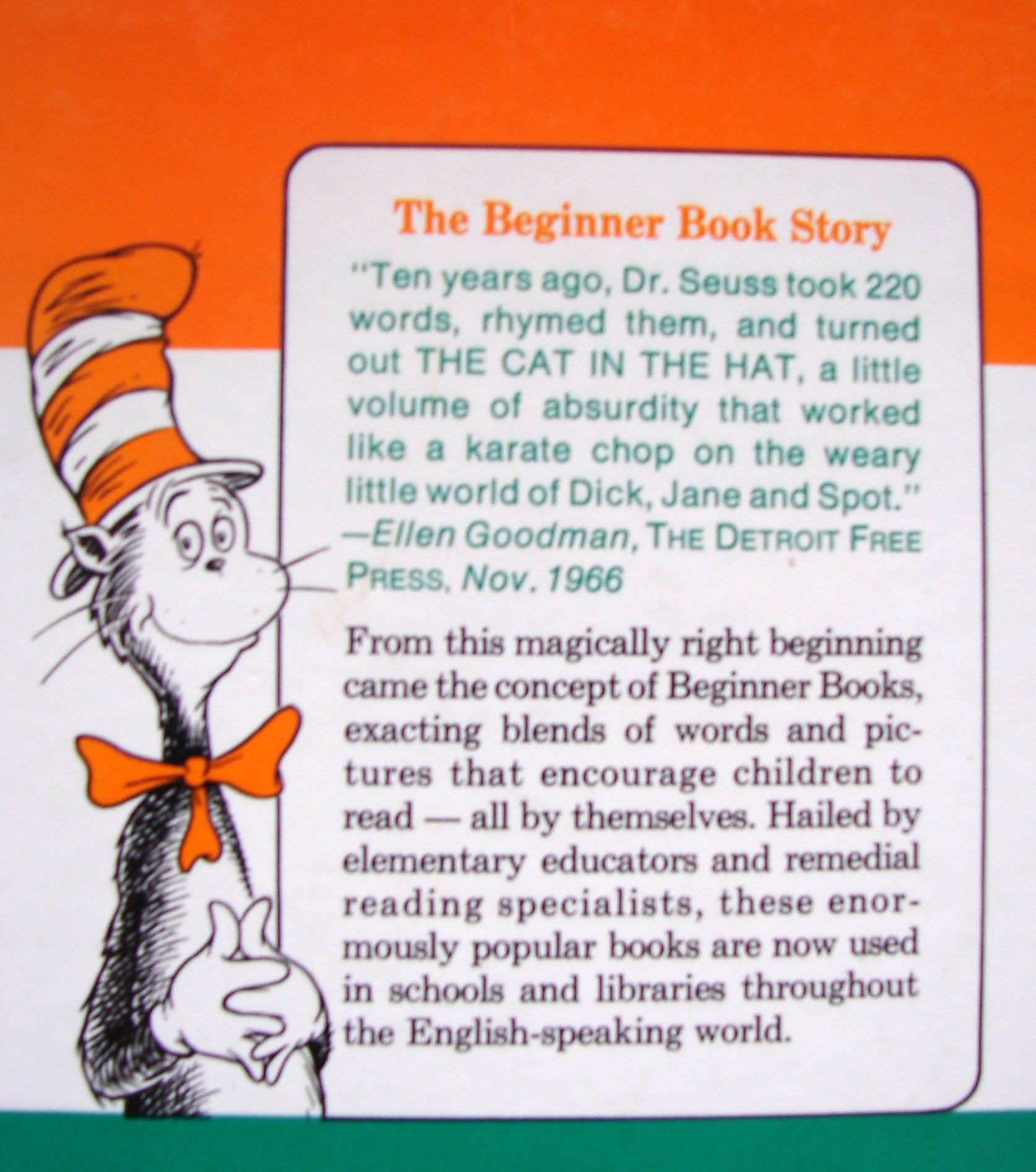 Dr Seuss: the cat in the hat character and back cover text