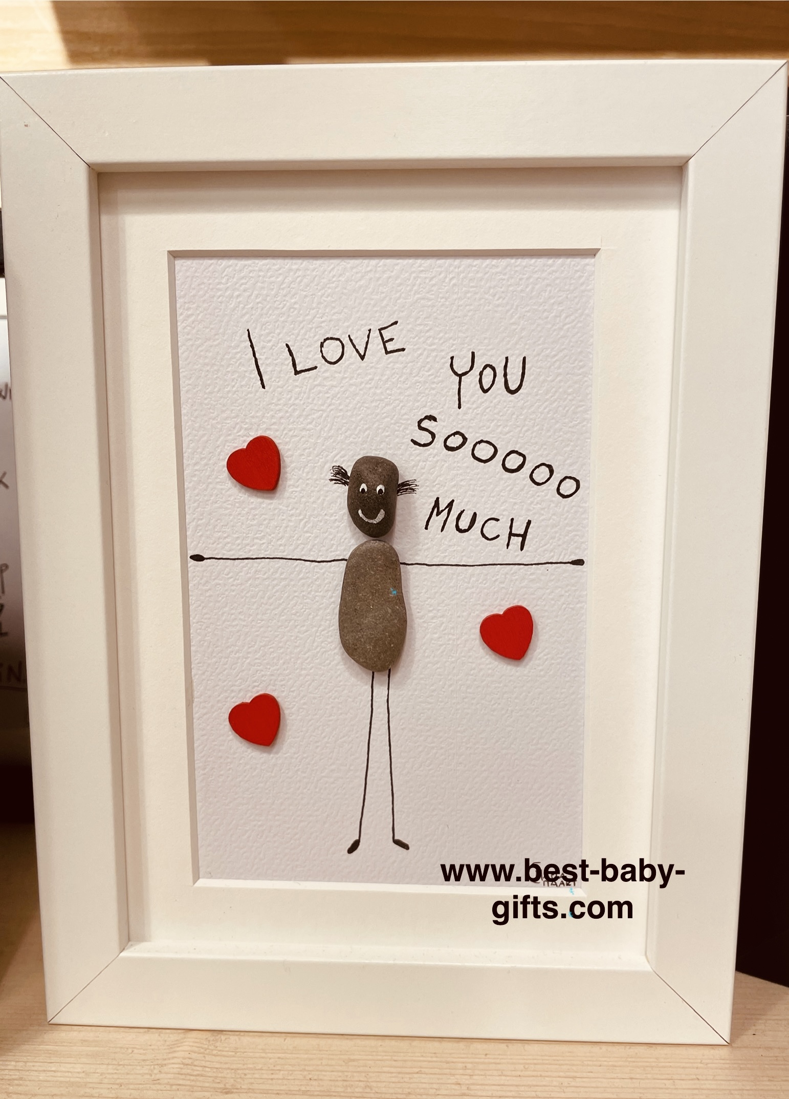 gift from baby or child: stone art "I love you sooooo much" - with loooooong arms