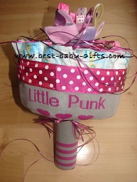 a girl diaper bouquet in gray and pink