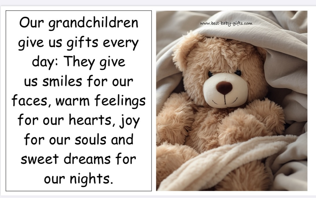 a grandchildren quote (Our grandchildren give us gifts every day...) on the left and a teddy bear wrapped in a blanket on the right