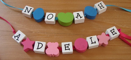 handmade name bands for Adele and Noah with wooden letters