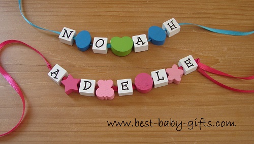 worden letter chains "Noah" and "Adele" to attach to a diaper gift for personalization