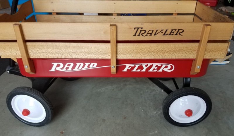 a wooden Radio Flyer car a wooden Radio Flyer car