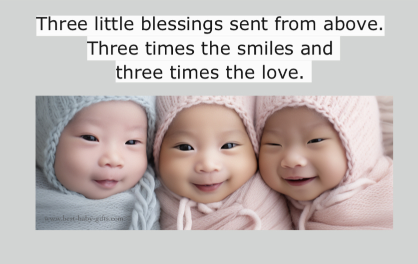 triplet babies: three babies side by side, one wearing a blue hat and two wearing pink hats, with triplet babies poem