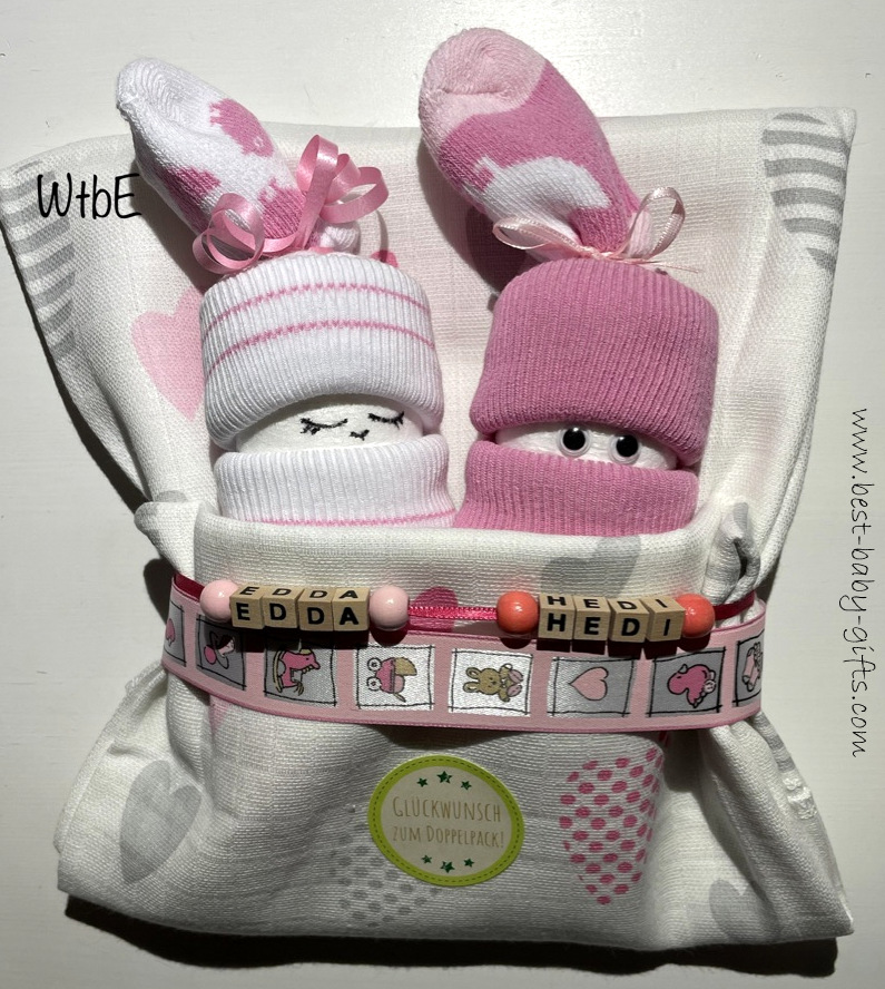 personalized for Hedi and Edda: 2 diaper babies in pink wrapped in a burp cloth