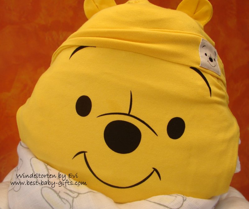 face of a Winnie The Pooh diaper cake (detail)
